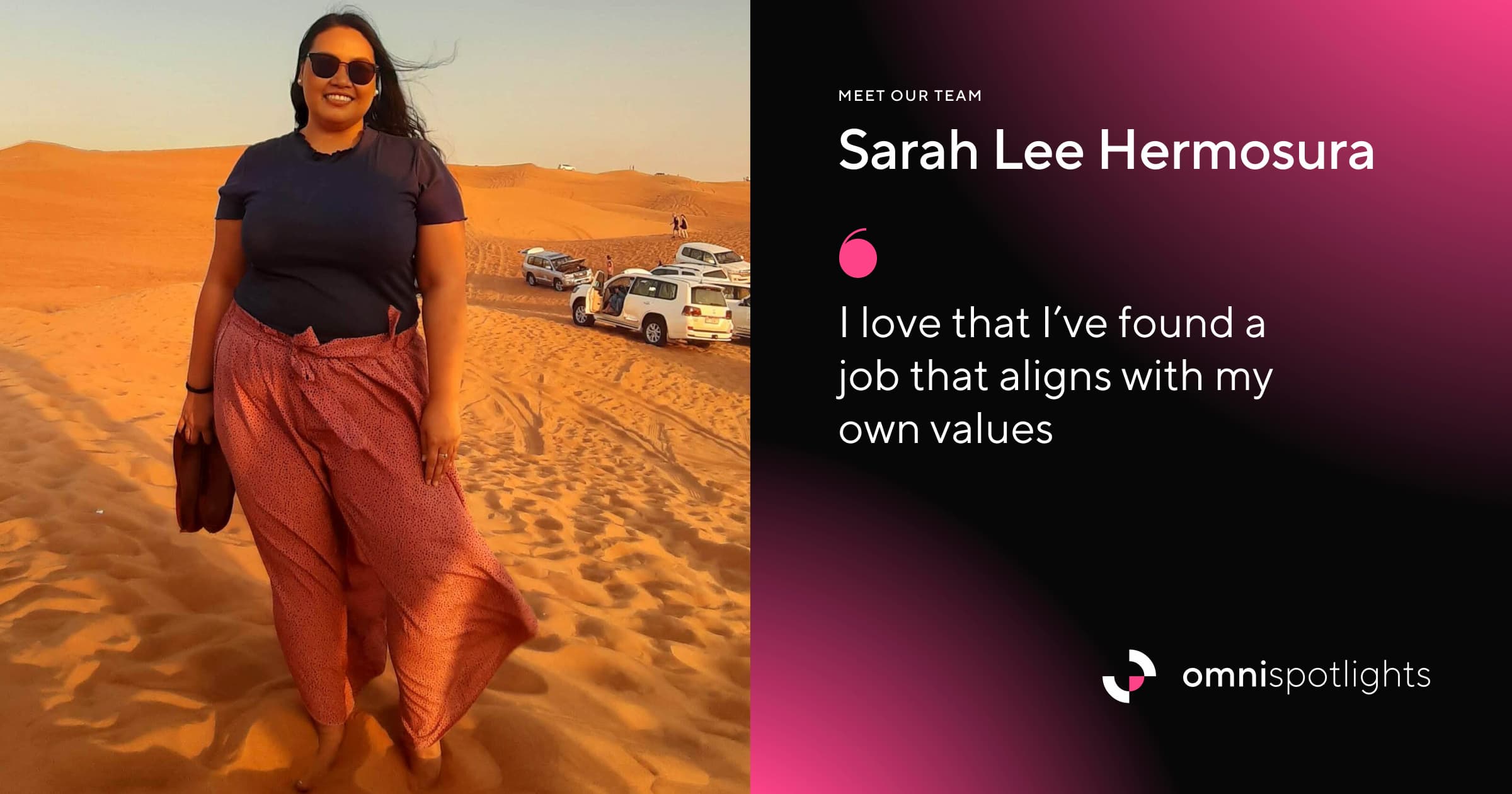 Photo of Sarah standing in the desert. Next to the photo is text reading: 